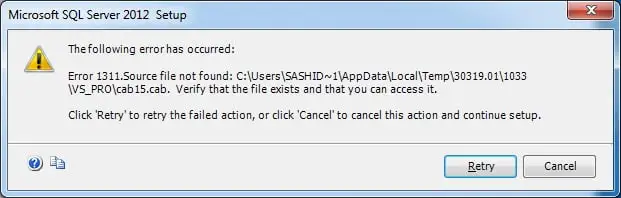 quickbooks error 1311 due to Source file not found
