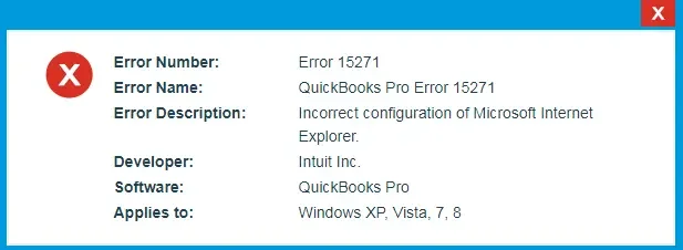 QuickBooks Error 15271 notification window showing update failure message