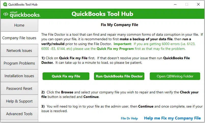 open company file tab in the quickbooks tool hub